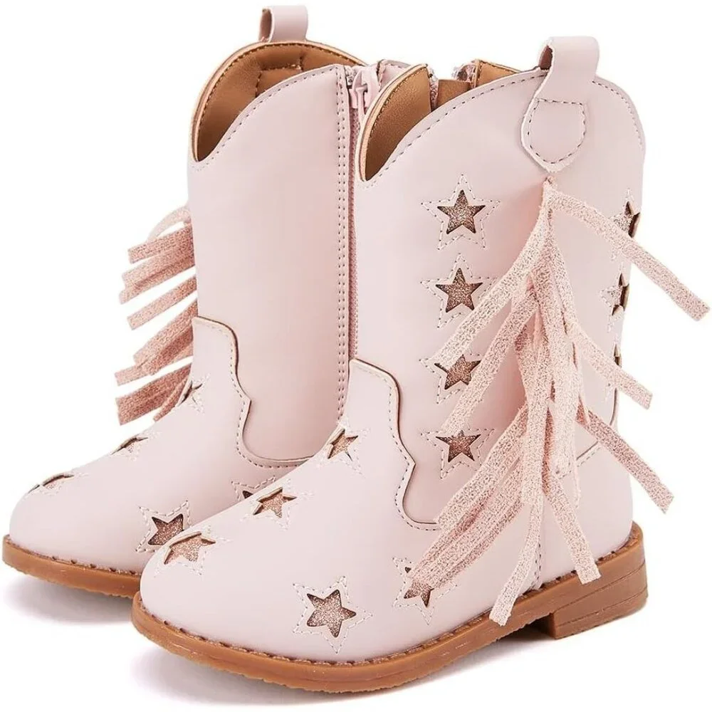 🆕Girls 1-Pink Microfiber Little Kids Mid Calf Western Pointed Toe Riding Boots